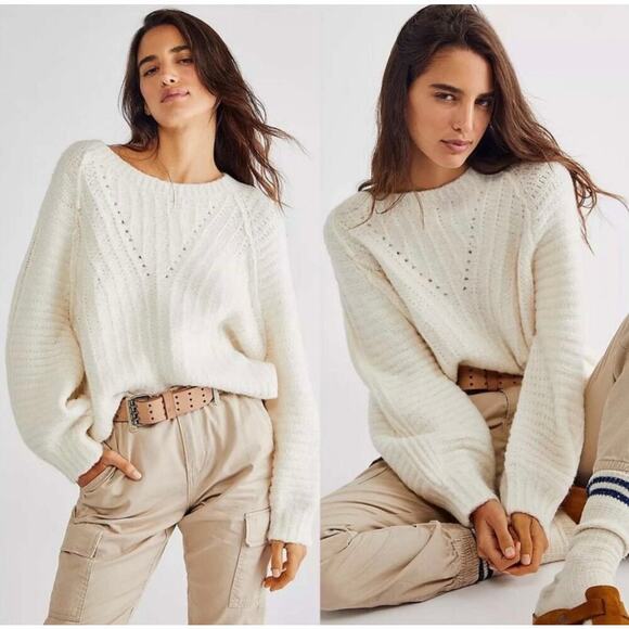 Free People Carter Chunky Knit Pullover Sweater in Cream Size XS Balloon Sleeve - Picture 1 of 9